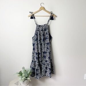 [Taylor] Women's Navy Blue & White Embroidered Tassel Tie Sleeveless Dress